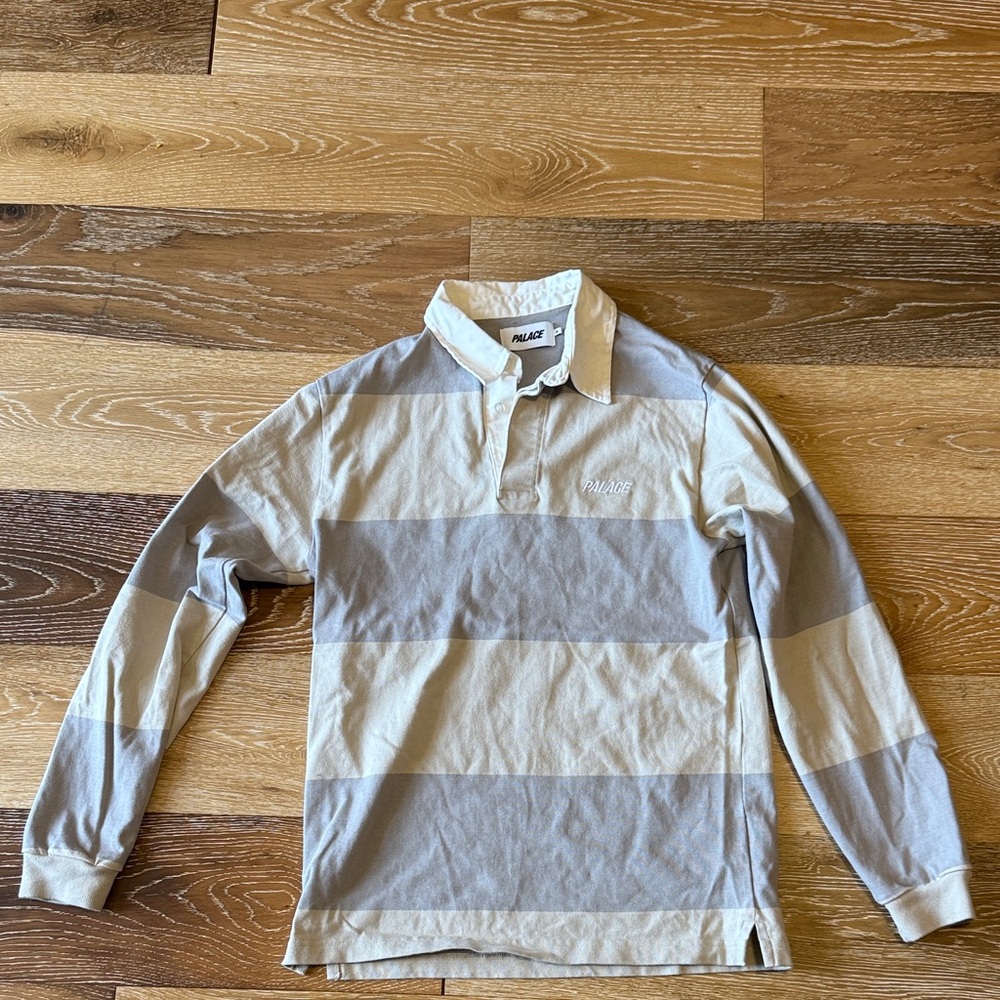 PALACE Grey and Cream Striped Rugby Shirt